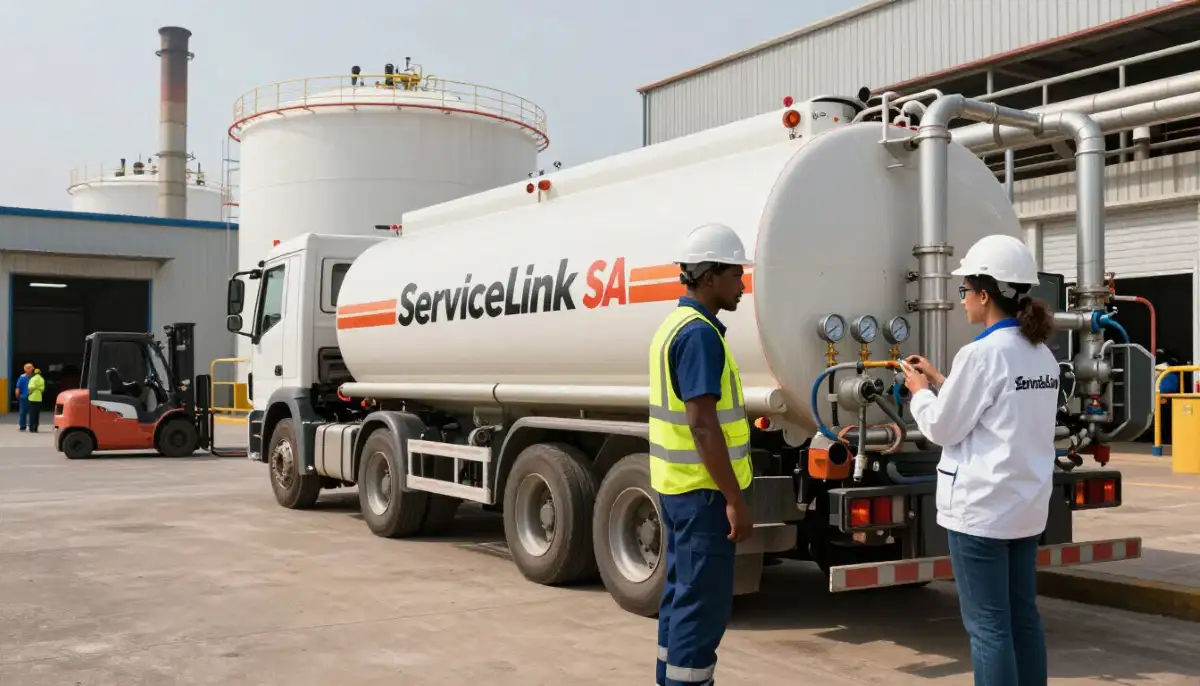 Industrial manufacturing plant with diesel storage tanks and delivery tanker at South African factory