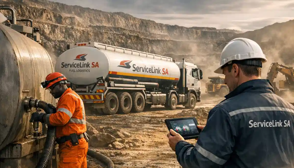 Large mining haul truck being refueled from bulk diesel storage facility at South African mine site