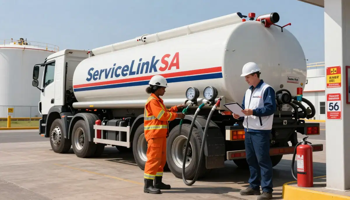 Bulk petrol storage tanks and delivery tanker at a South African fuel depot ready for commercial fleet supply