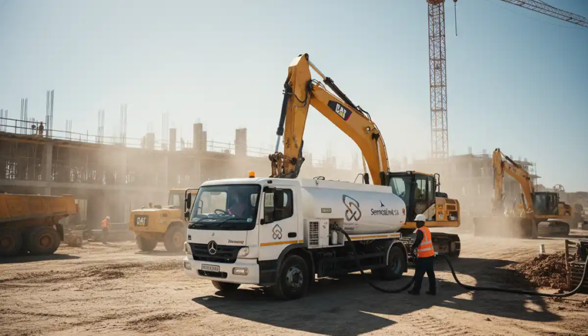 Construction site fuel bowser refueling excavator and earthmoving equipment at a development project