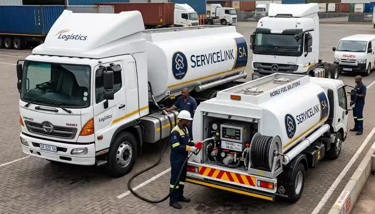 Diesel bowser refueling a fleet of commercial trucks at a depot in Boksburg, showing efficient overnight fueling