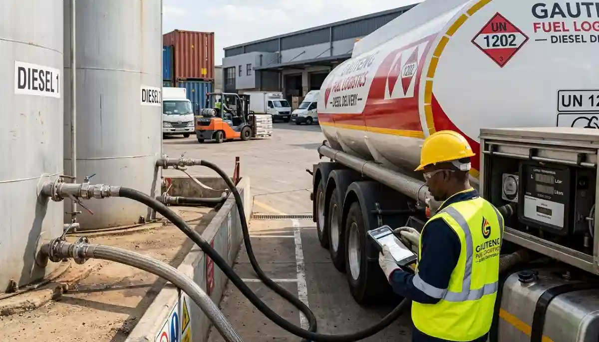 Diesel delivery truck refueling a commercial vehicle at a construction site in Gauteng with metered pump