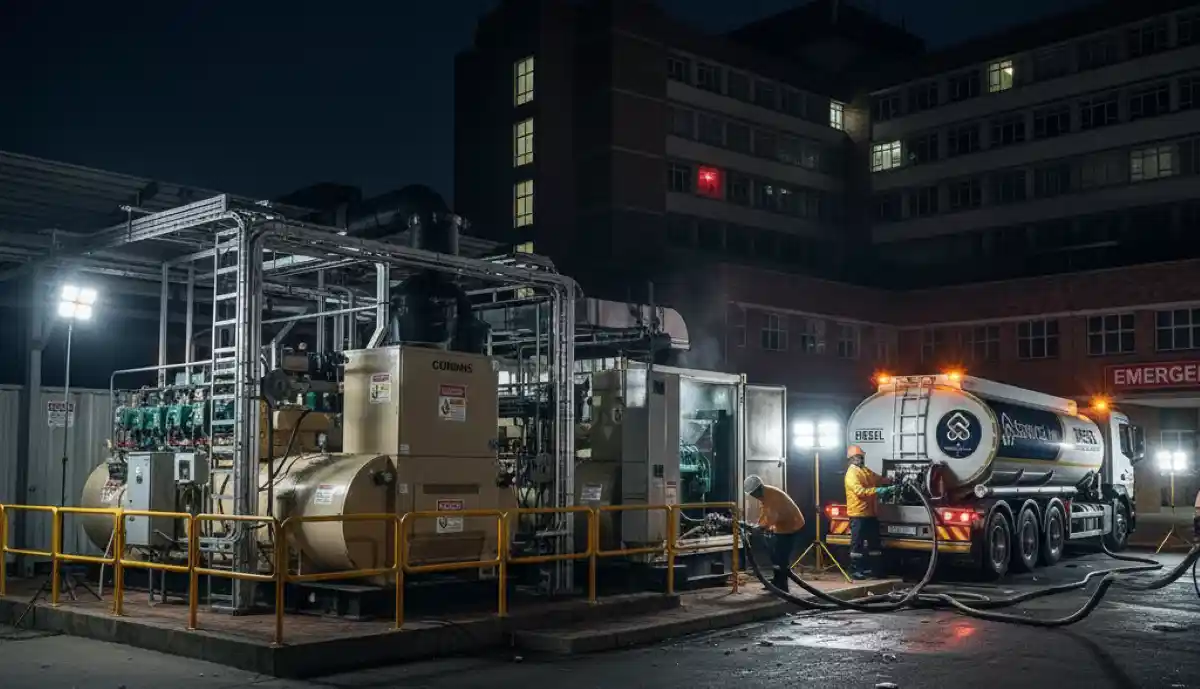 Large diesel generator power plant providing backup electricity to an industrial facility during loadshedding