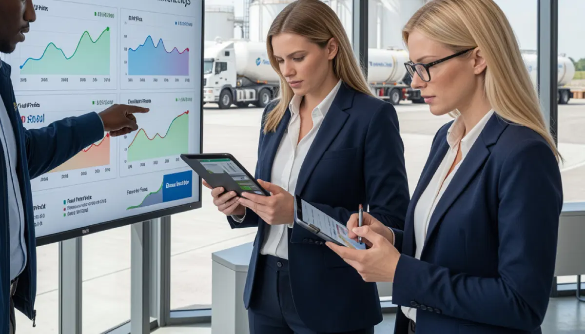 Fuel price display board and financial charts showing diesel price trends and forecast for South Africa