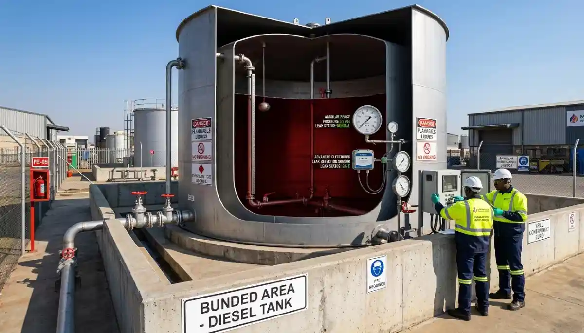 Double skin bunded fuel tank with secondary containment layer showing safety features and compliance design