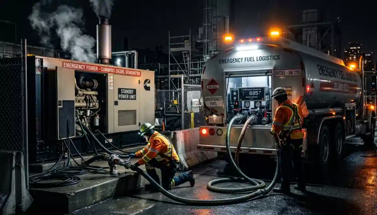 Emergency fuel delivery response vehicle arriving at a commercial site during loadshedding in Johannesburg