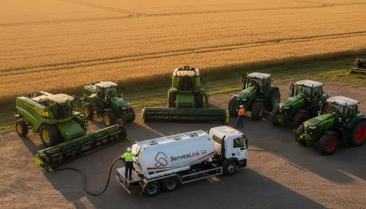 Agricultural farm fuel delivery with tanker refueling tractor in rural Free State farming operation