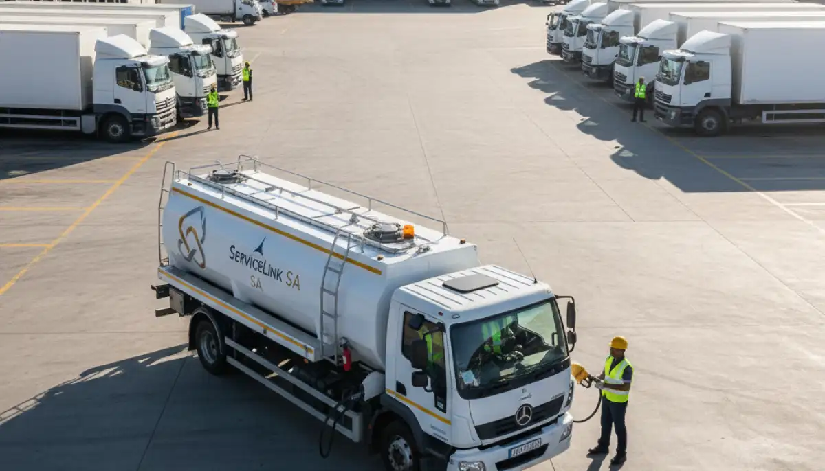 Company fleet fueling station with multiple hoses dispensing diesel to commercial trucks at a depot