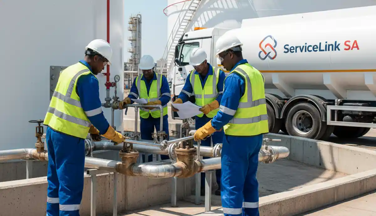 Fuel installer wearing full PPE safety compliance gear during tank inspection showing proper safety protocols