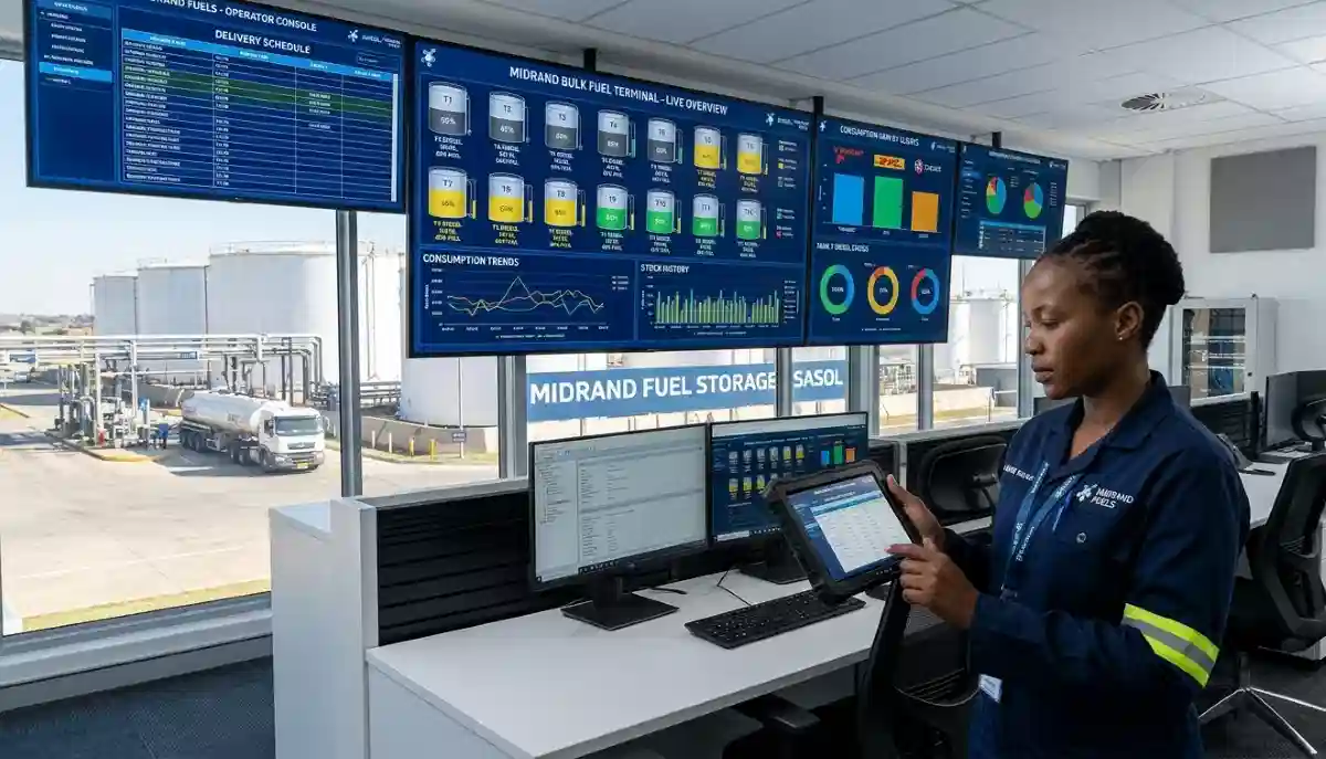 Fuel management system dashboard showing real-time fuel consumption, tank levels, and fleet analytics on digital screen