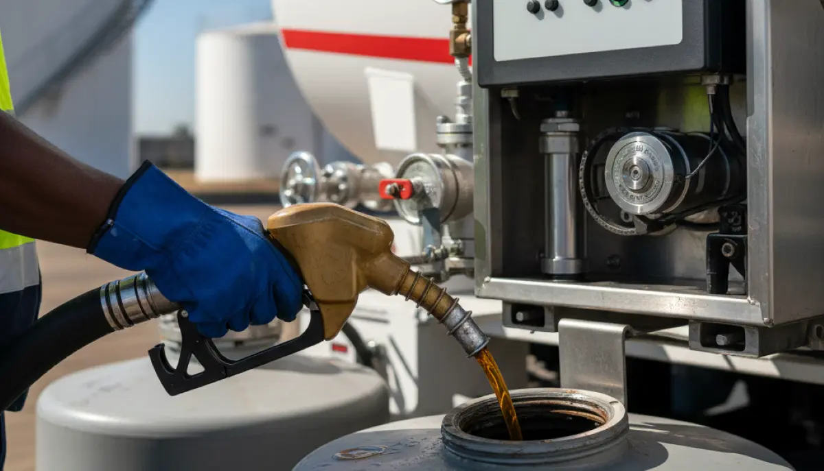 Fuel nozzle pump dispensing close-up showing RFID reader for authorised fuel access and consumption tracking