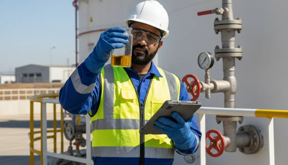 Technician performing fuel quality testing on diesel samples comparing 50ppm and 500ppm grades
