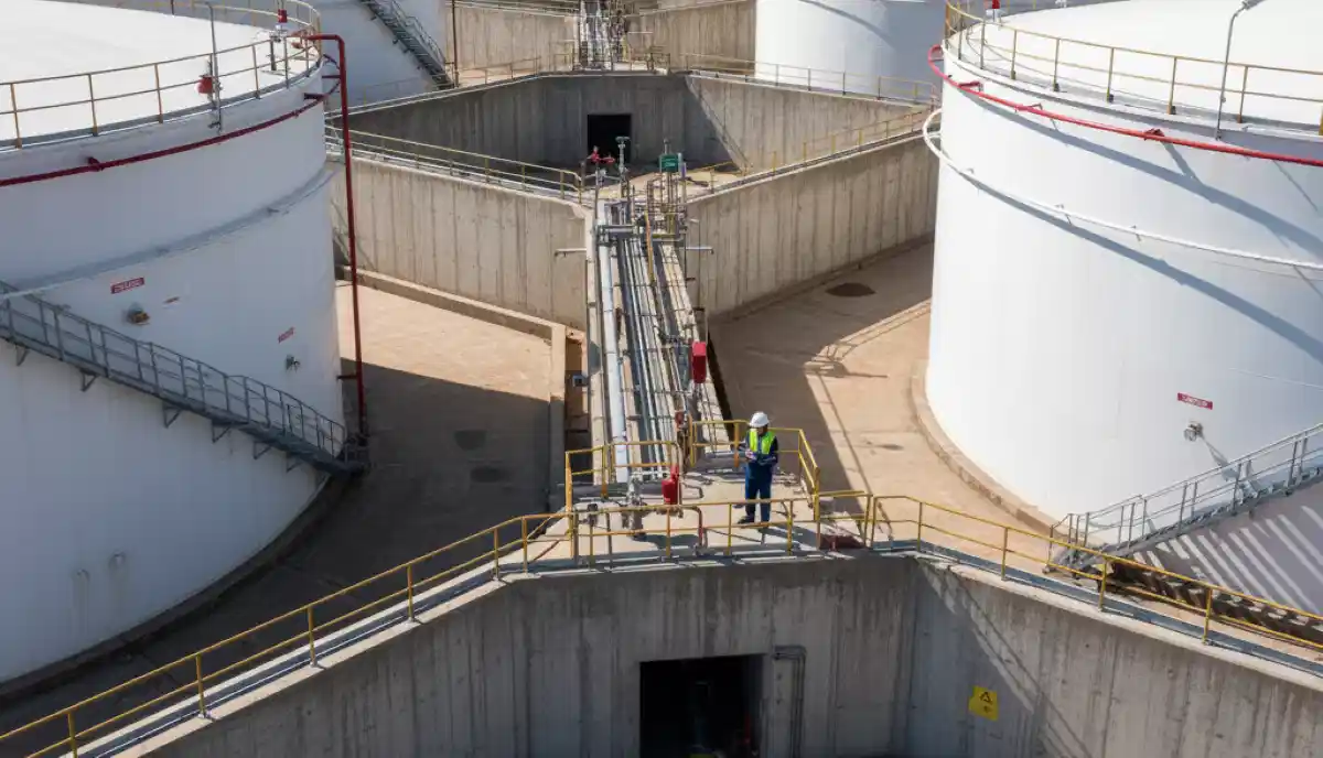 Fuel storage bunding and spill containment system at a commercial facility showing secondary protection