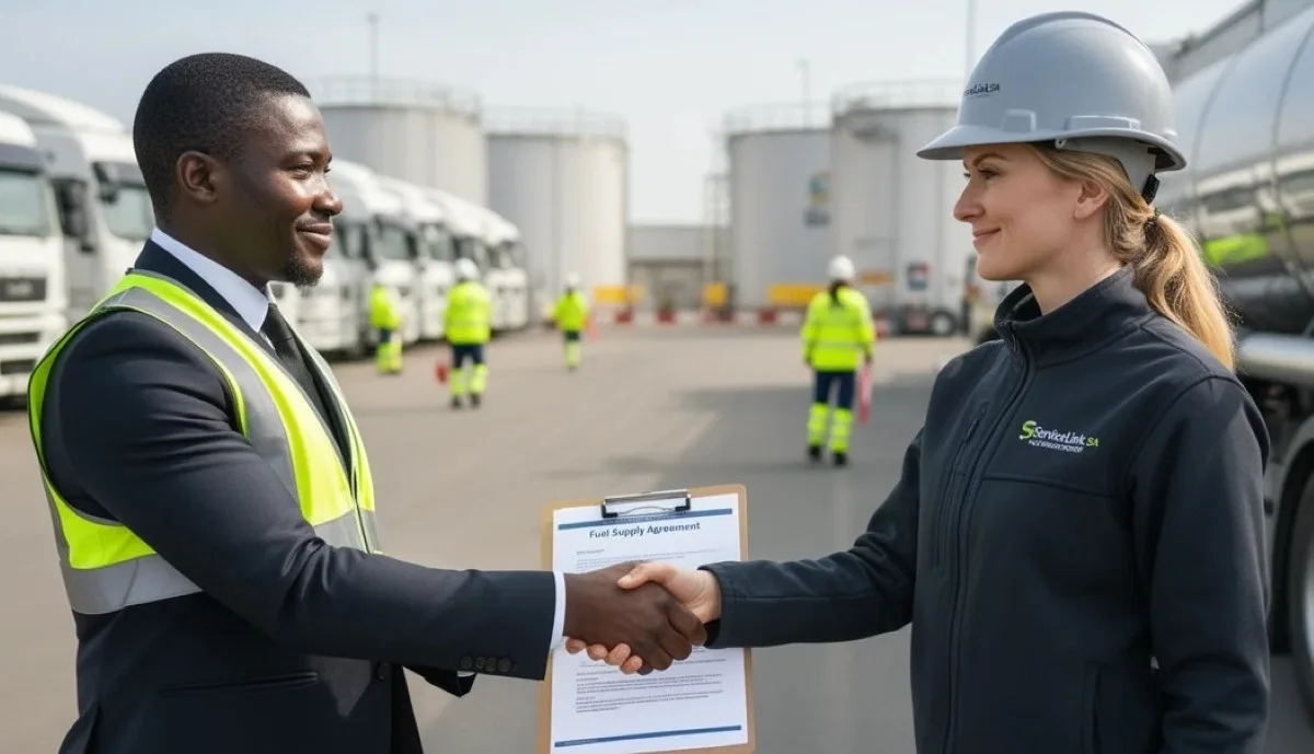 Business executives reviewing fuel supply contract documents with diesel delivery trucks in background