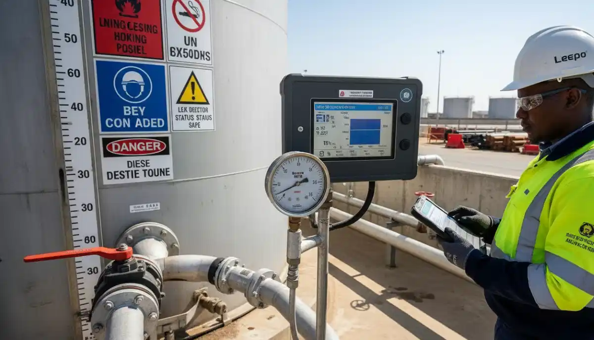 Fuel tank gauge monitoring system display showing real-time tank level and telemetry data transmission