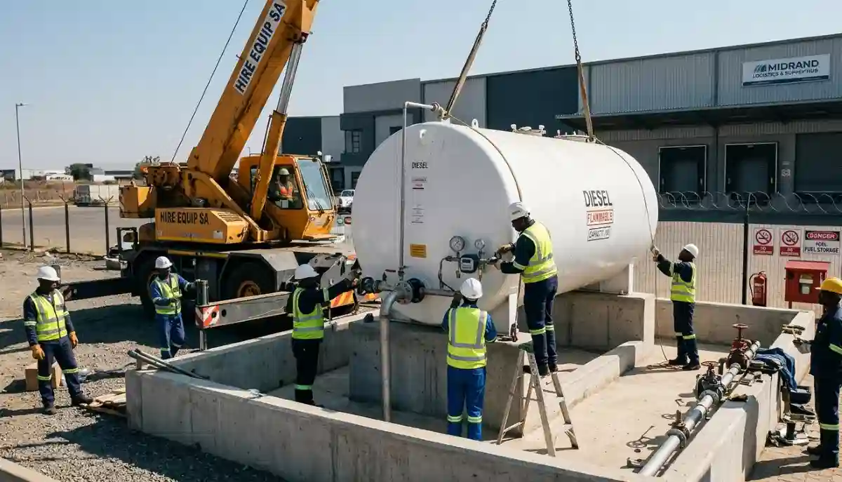 Professional fuel tank installation setup showing above ground storage tank with bunding and safety equipment at commercial site