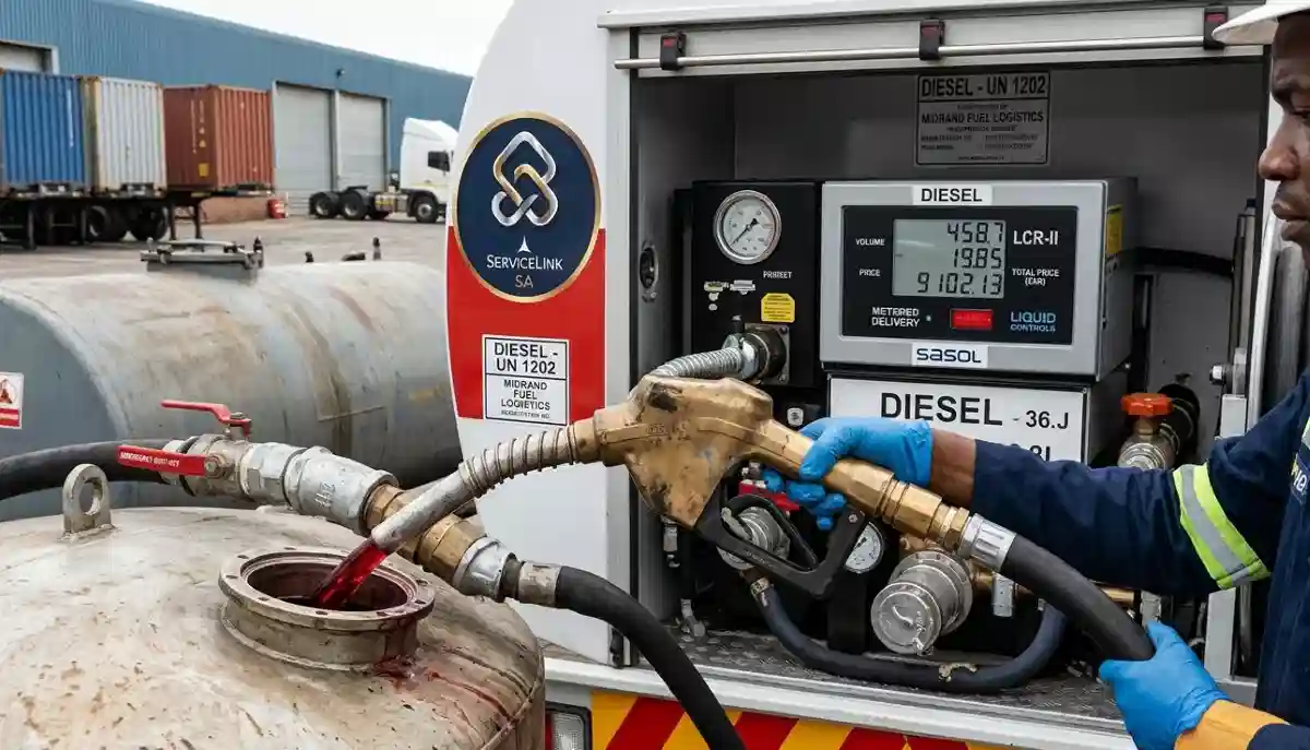 Fuel truck metered pump dispensing diesel into a commercial vehicle with precision flow meter visible