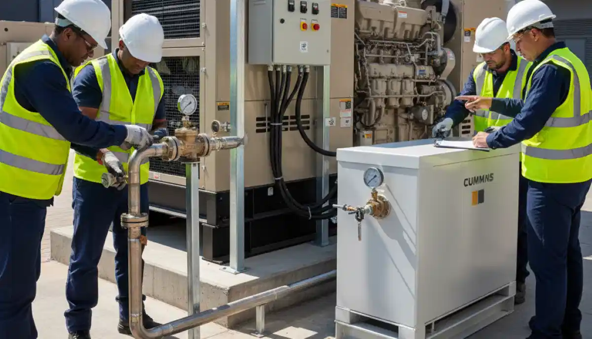 Generator day tank installation showing small tank adjacent to diesel generator with level gauges and piping