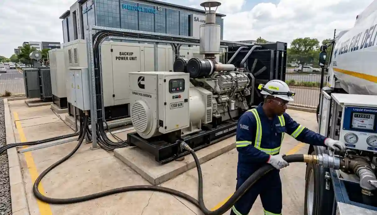 Diesel generator refueling operation at a commercial building in Sandton during loadshedding