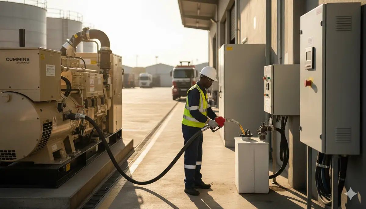 Safe diesel transfer from delivery truck to generator day tank during scheduled refuelling operation