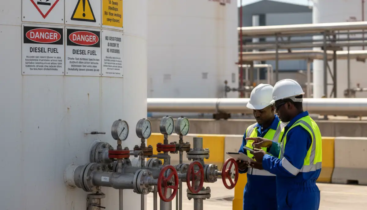 Hazchem signage and safety equipment at fuel storage facility showing proper dangerous goods labelling