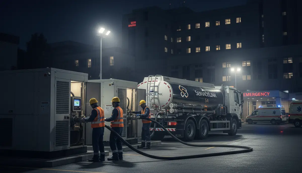 Hospital backup generator refuelling during a critical power outage, ensuring life-saving equipment remains operational