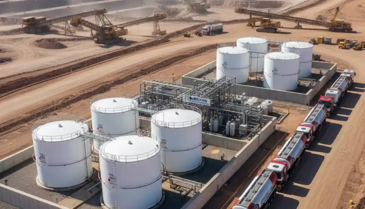 Mine site fuel storage facility with multiple bulk tanks showing large-scale industrial fuel supply operation