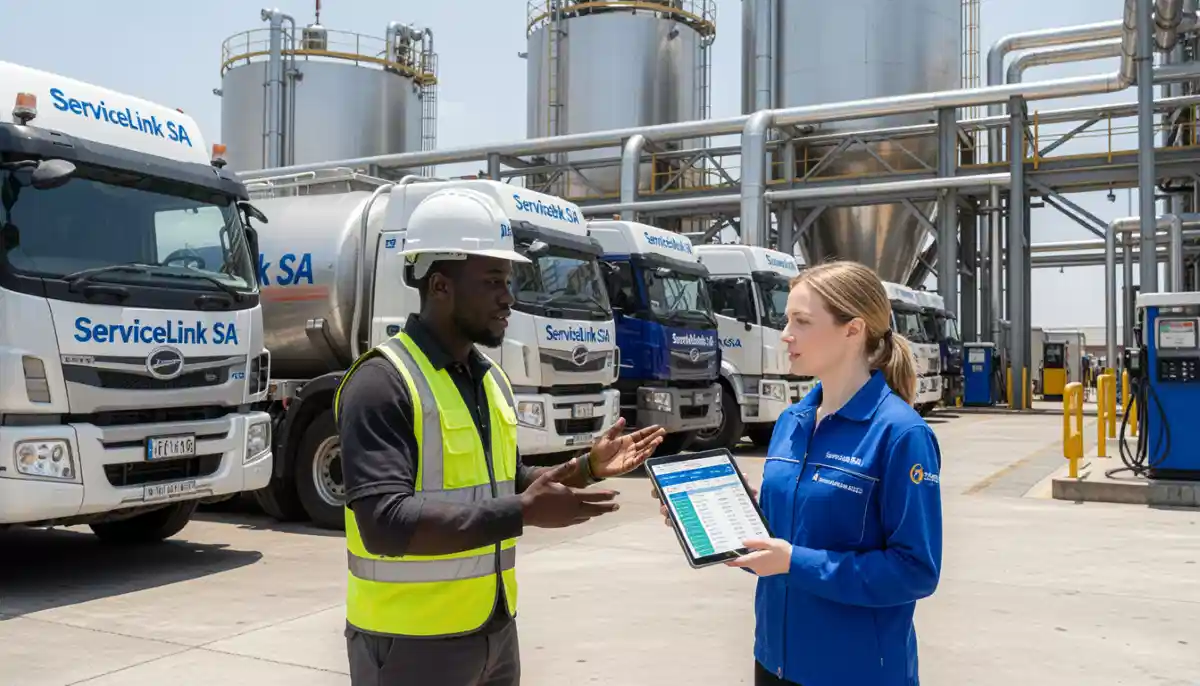 Wholesale diesel storage facility with multiple bulk tanks and delivery tankers at a South African fuel depot