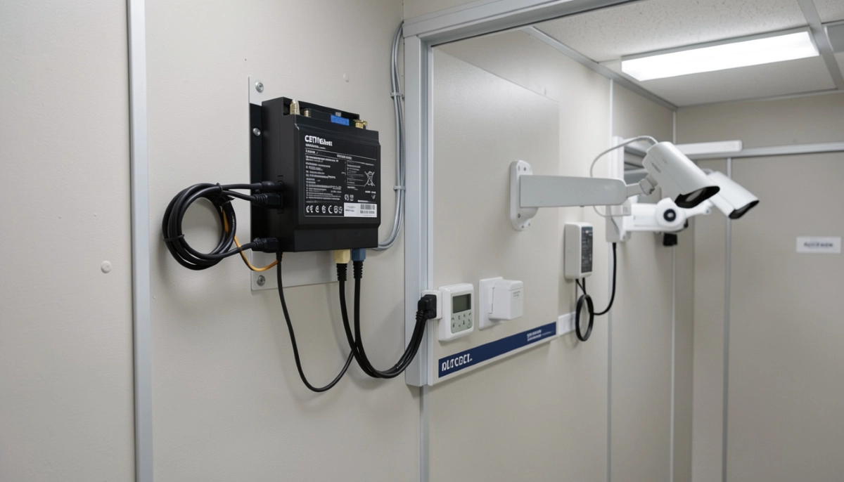 CCTV battery backup UPS installation – technician installing uninterruptible power supply for security system