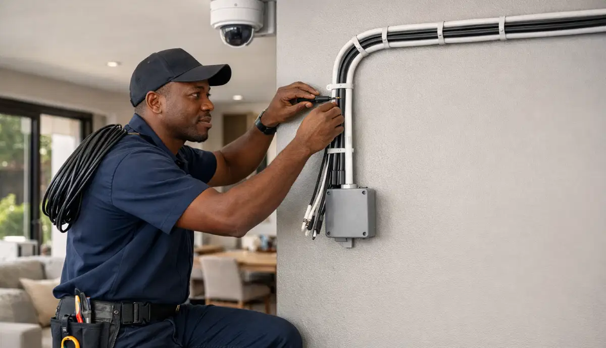 CCTV cable running in conduit during installation – wired system installation process