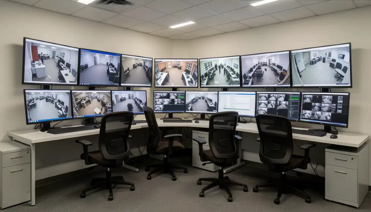 CCTV control room multi-screen – professional monitoring centre with backup power