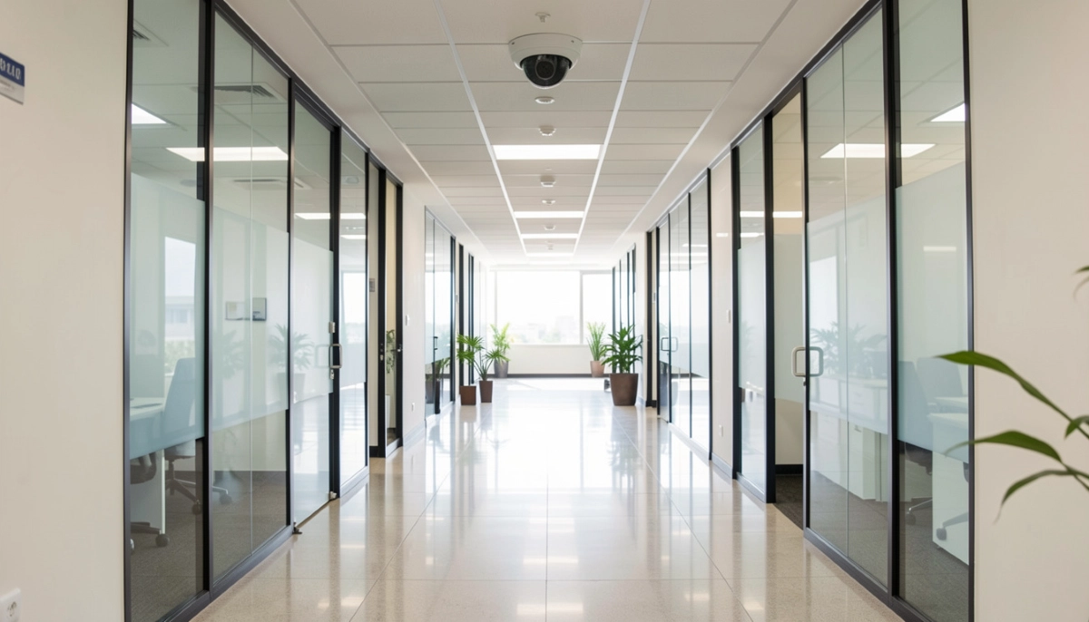 CCTV dome camera in office corridor – finished indoor installation