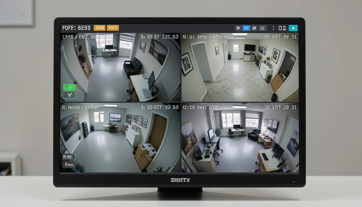 CCTV live feed split screen security – monitoring multiple cameras