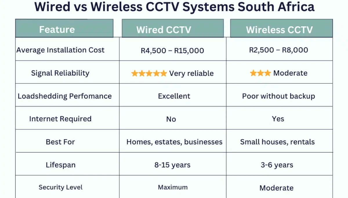 Wired vs wireless CCTV comparison chart – side-by-side feature comparison