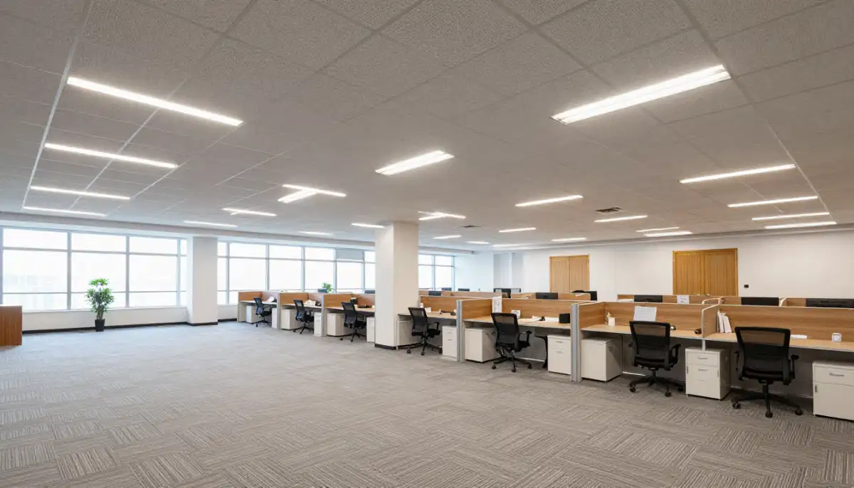 Acoustic ceiling commercial installation – finished acoustic ceiling in modern office space