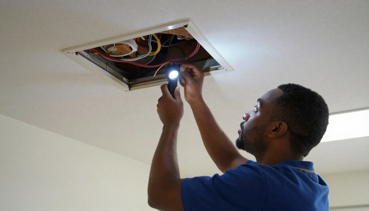 Ceiling access hatch inspection – building inspector checking ceiling compliance