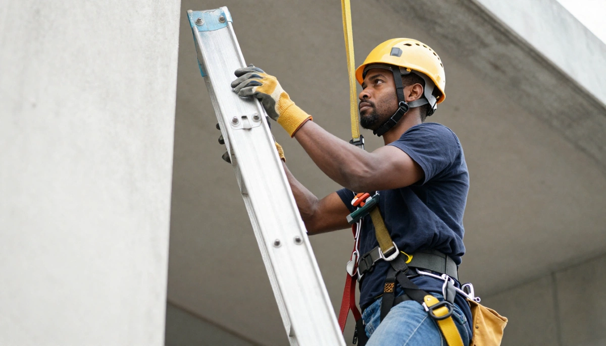 Ceiling installer safety harness ladder – professional using safety equipment during ceiling installation
