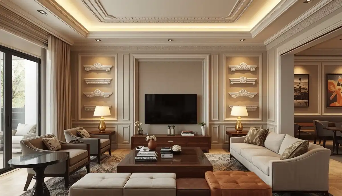 Cornice ceiling trim design ideas South Africa – decorative plaster cornice in modern living room