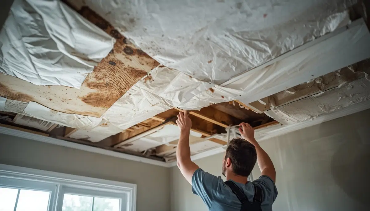 Fix sagging water damaged ceiling South Africa – technician repairing water damaged ceiling with reinforcement