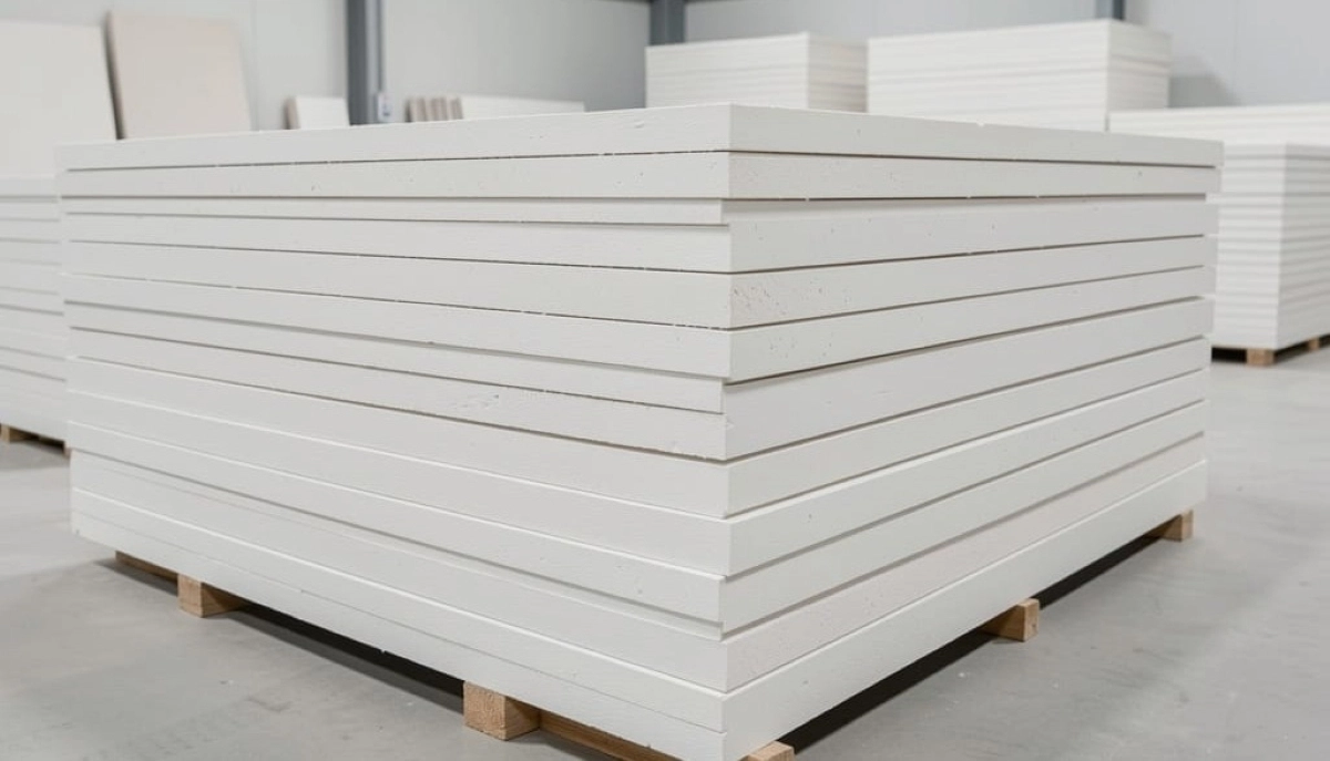 Gypsum plasterboard ceiling sheets – stacked plasterboard sheets ready for installation