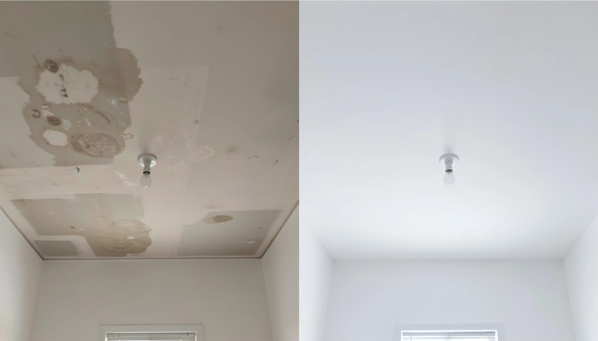 Painted ceiling before after – comparison of stained ceiling and freshly painted white ceiling