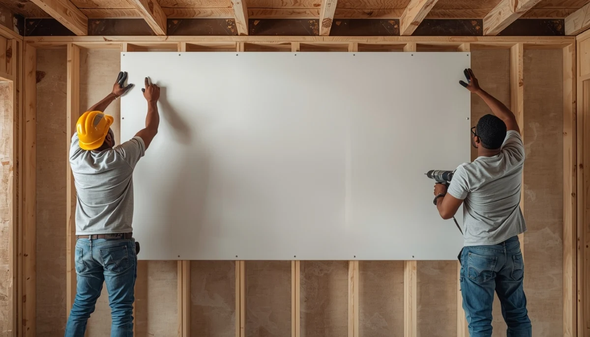 Plasterboard ceiling sheet installation – professional fitters installing gypsum boards on ceiling frame