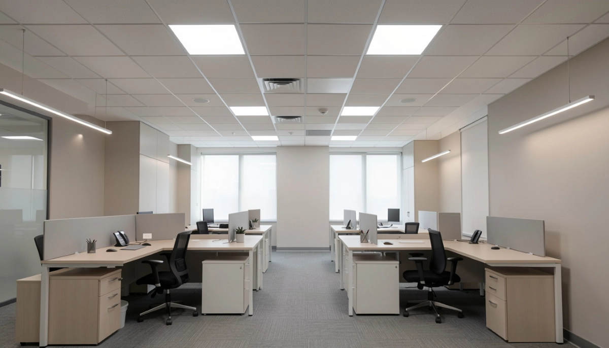 Suspended ceiling installed office – finished suspended ceiling with acoustic tiles in modern office