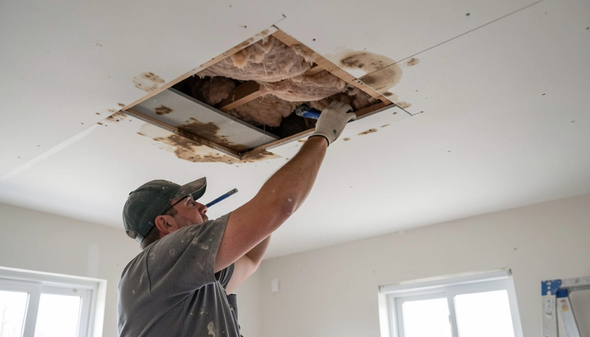 Water damaged ceiling repair – ceiling with water stain and damage from leaking roof