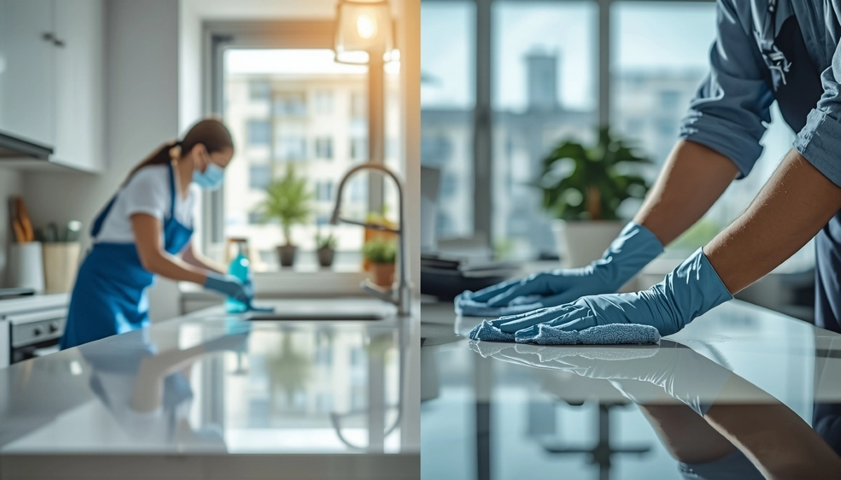 Professional deep cleaning service for homes and offices in South Africa – team sanitising a modern living room