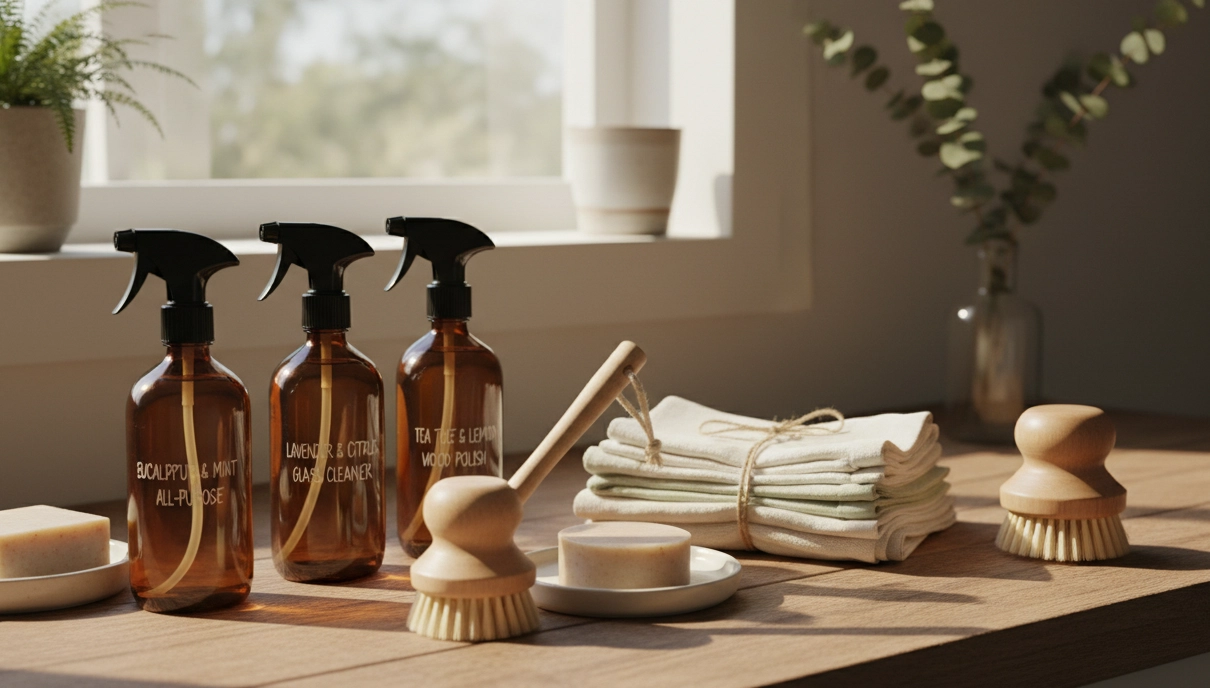 Green eco cleaning products natural – plant-based cleaners, reusable bottles, and sustainable cleaning tools
