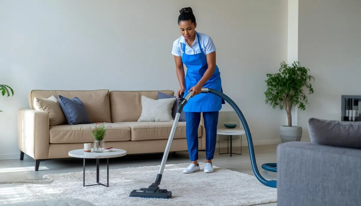 Professional house cleaner dusting and cleaning living room furniture in a residential home