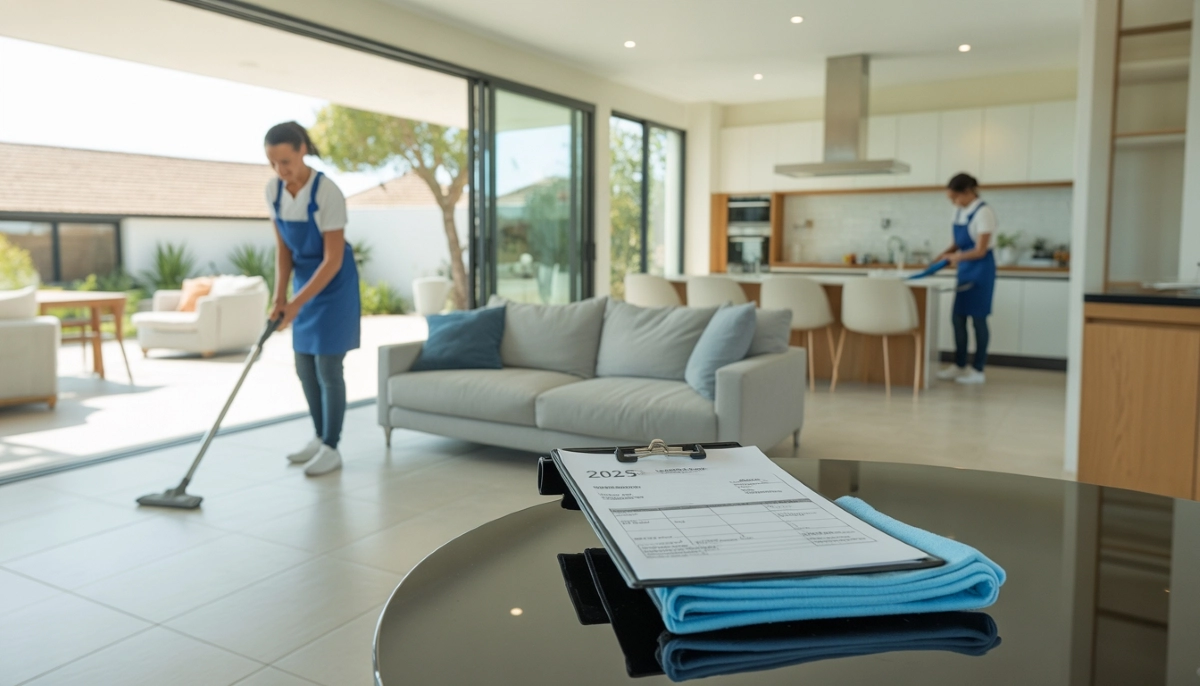 House cleaning services cost South Africa 2025 – professional cleaner dusting furniture in modern home