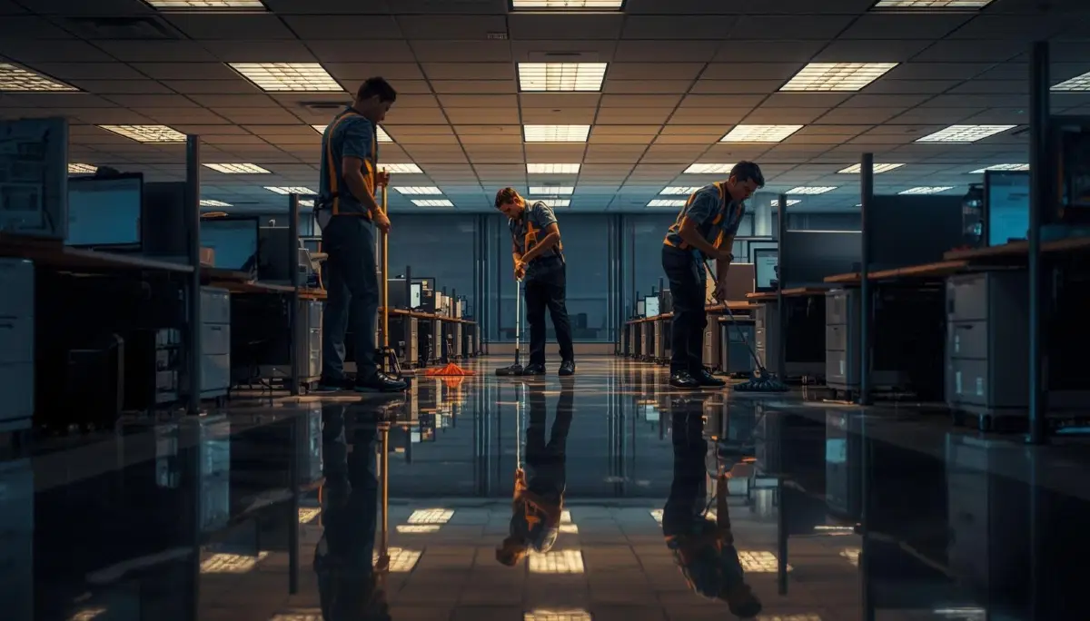 Professional office cleaning team working at workstations – commercial cleaning company in action