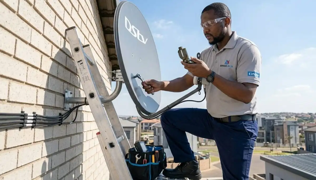Technician aligning satellite dish using compass to find correct azimuth angle for optimal signal